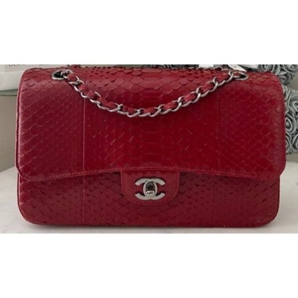 Chanel Womens Red Python Leather Classic Double Flap Jumbo Handbag - Picture 1 of 11